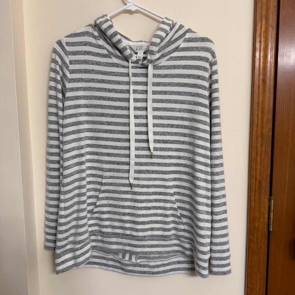 Market & Spruce Gray and White Striped Hooded Pullover